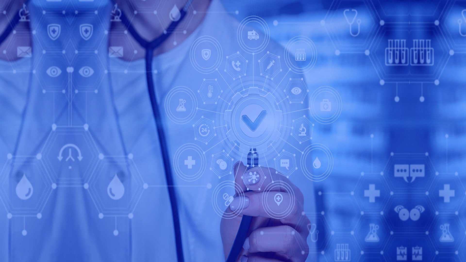 Doctor standing behind data visualized
