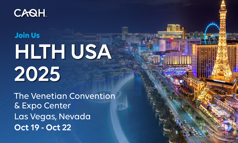 Graphic showing CAQH at HLTH in Las Vegas