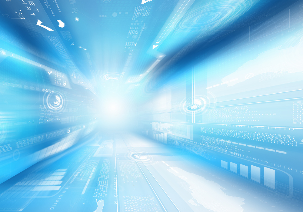 Digital blue background image with technology symbols